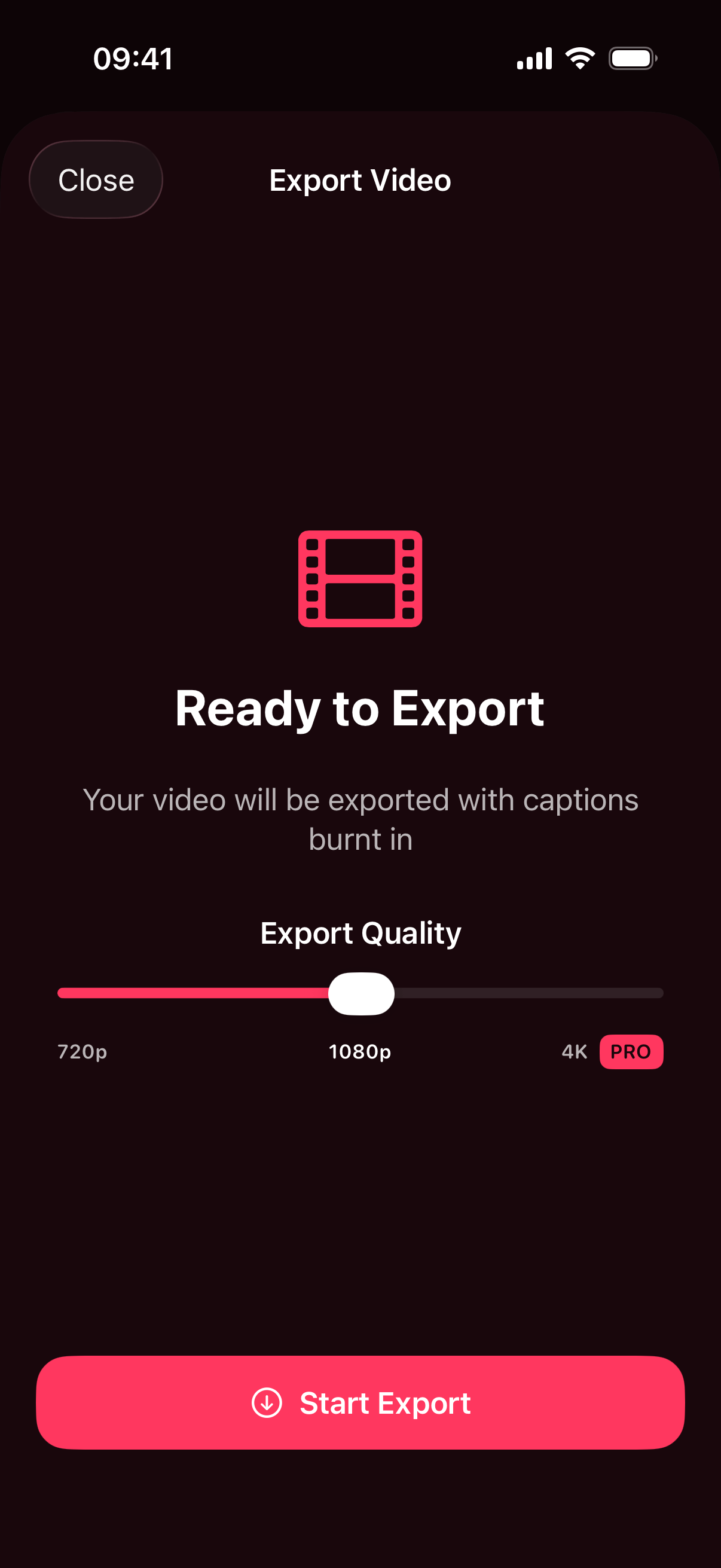 CaptionFast export screen with video quality controls