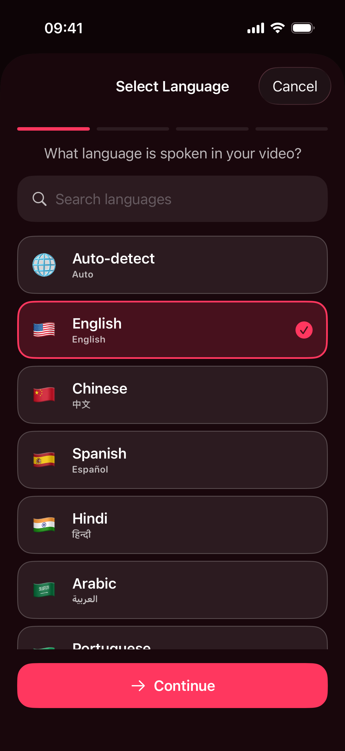 CaptionFast language selection screen with automatic language detection